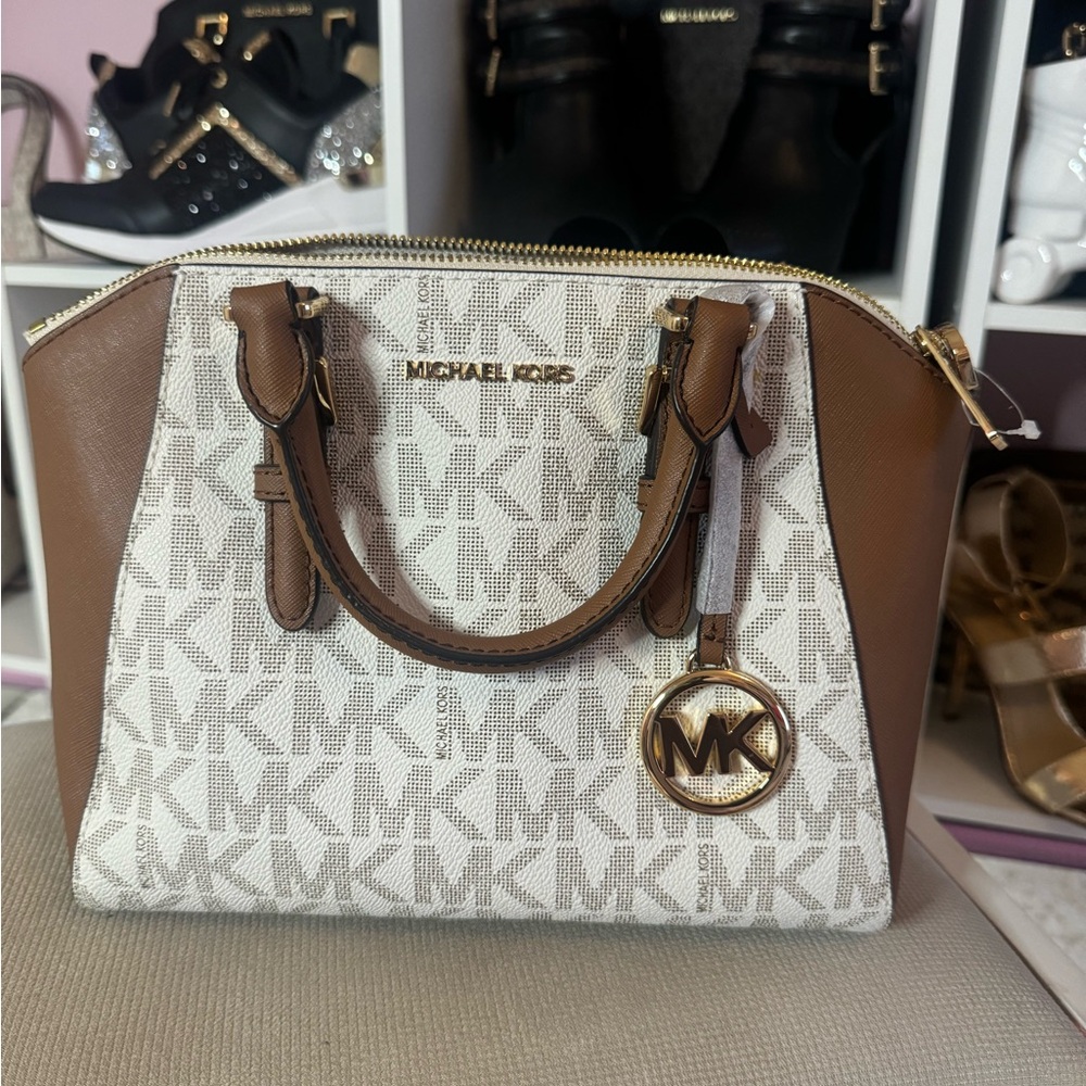 White/ Brown Michael Kors Satchel Handbag